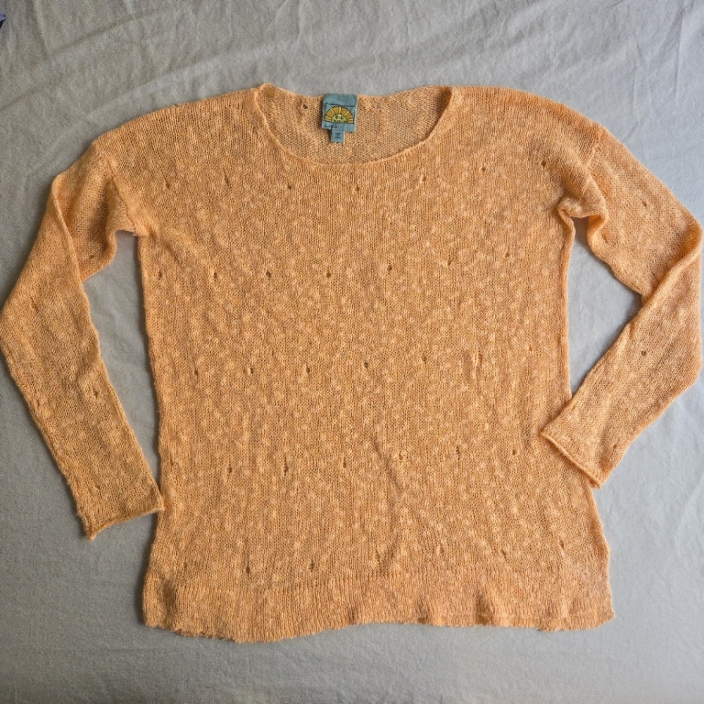 C&C California Peach Orange Distressed Lightweight Sweater Cotton Linen Blend